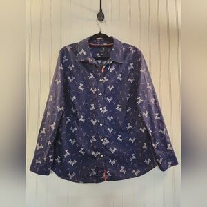 Talbots Women's Navy Schnauzer Dog Print Button-Up Shirt Size L Petite Classic